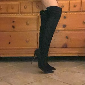 Black Faux Suede Thigh High Pointed Toe Boots – Elegant and Sexy